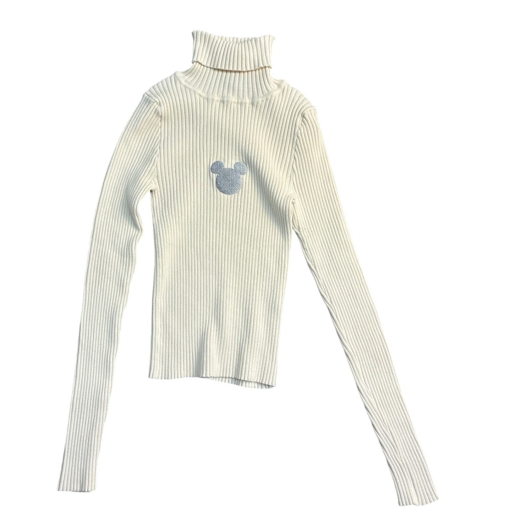 Disney Forever 21 Mickey Mouse Ribbed Turtleneck Sweater Cream Silver Small